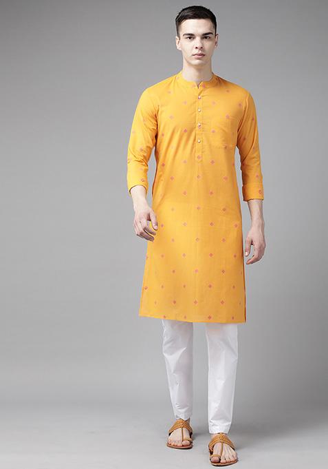 Yellow Woven Design Straight Kurta Set For Men