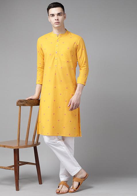 Yellow Woven Design Straight Kurta Set For Men
