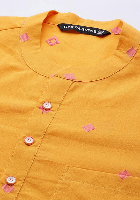 Yellow Woven Design Straight Kurta Set For Men