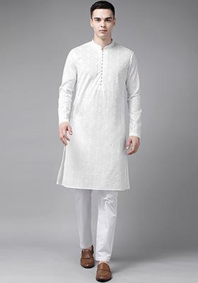 White Chikankari Work Pure Cotton Kurta Set For Men
