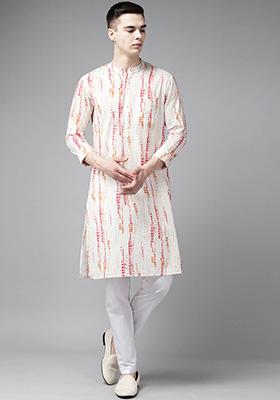 White Tie And Dye Print Cotton Kurta Set For Men