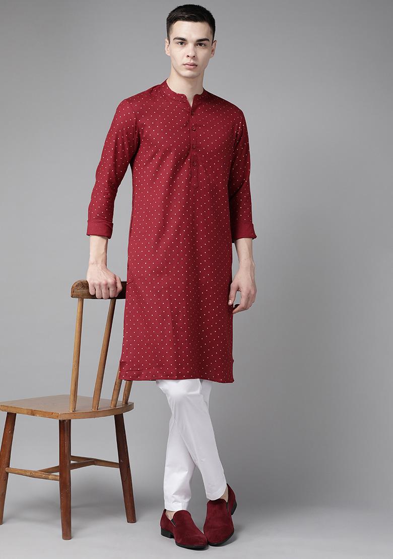 Maroon Printed Kurta Set For Men - Indya