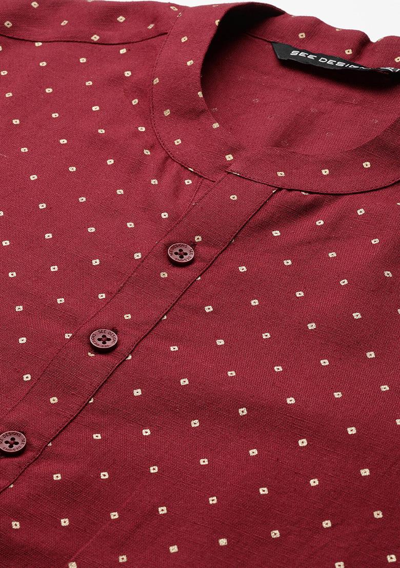 Maroon Printed Kurta Set For Men