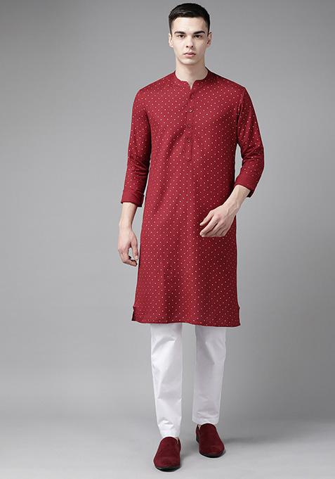 Maroon Printed Kurta Set For Men