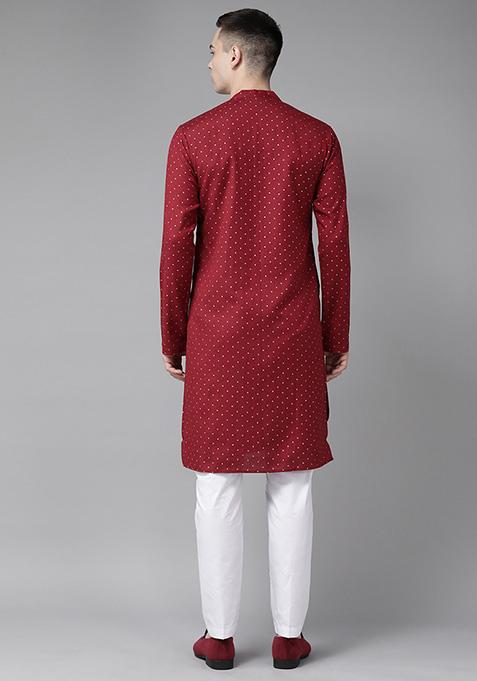 Maroon Printed Kurta Set For Men