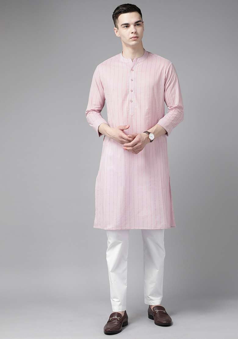 Pink Striped Kurta Set For Men - Indya