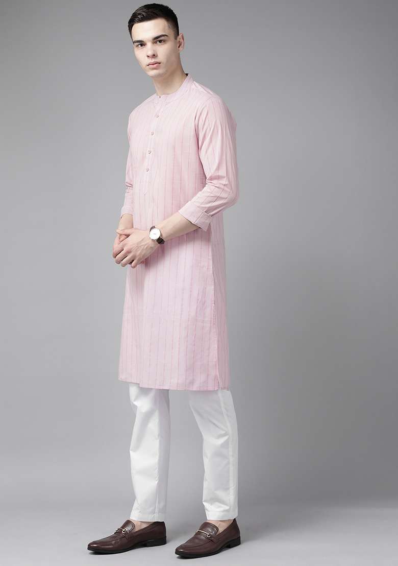 Pink Striped Kurta Set For Men - Indya