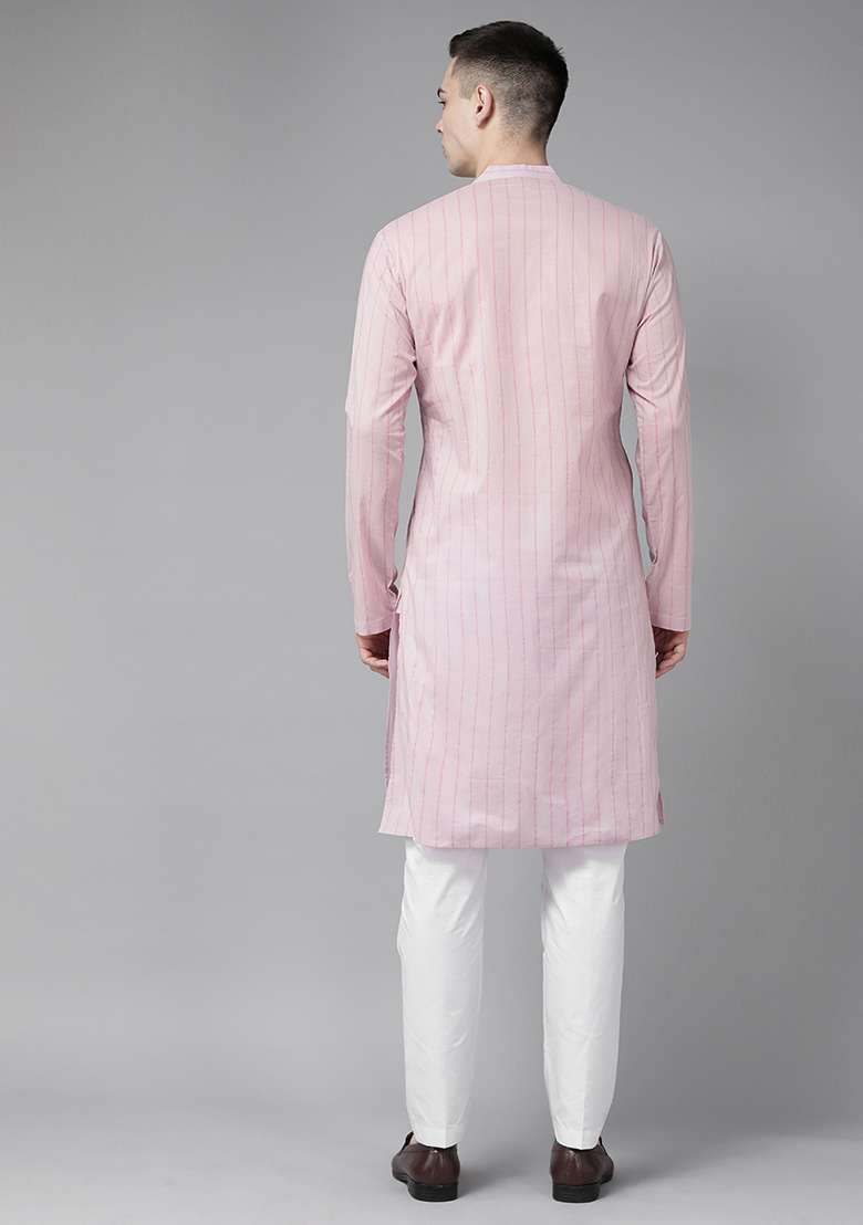 Pink Striped Kurta Set For Men - Indya