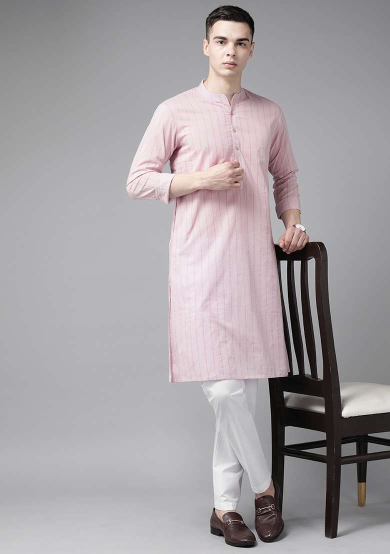 Pink Striped Kurta Set For Men - Indya