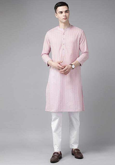 Pink Striped Kurta Set For Men — view on Indya