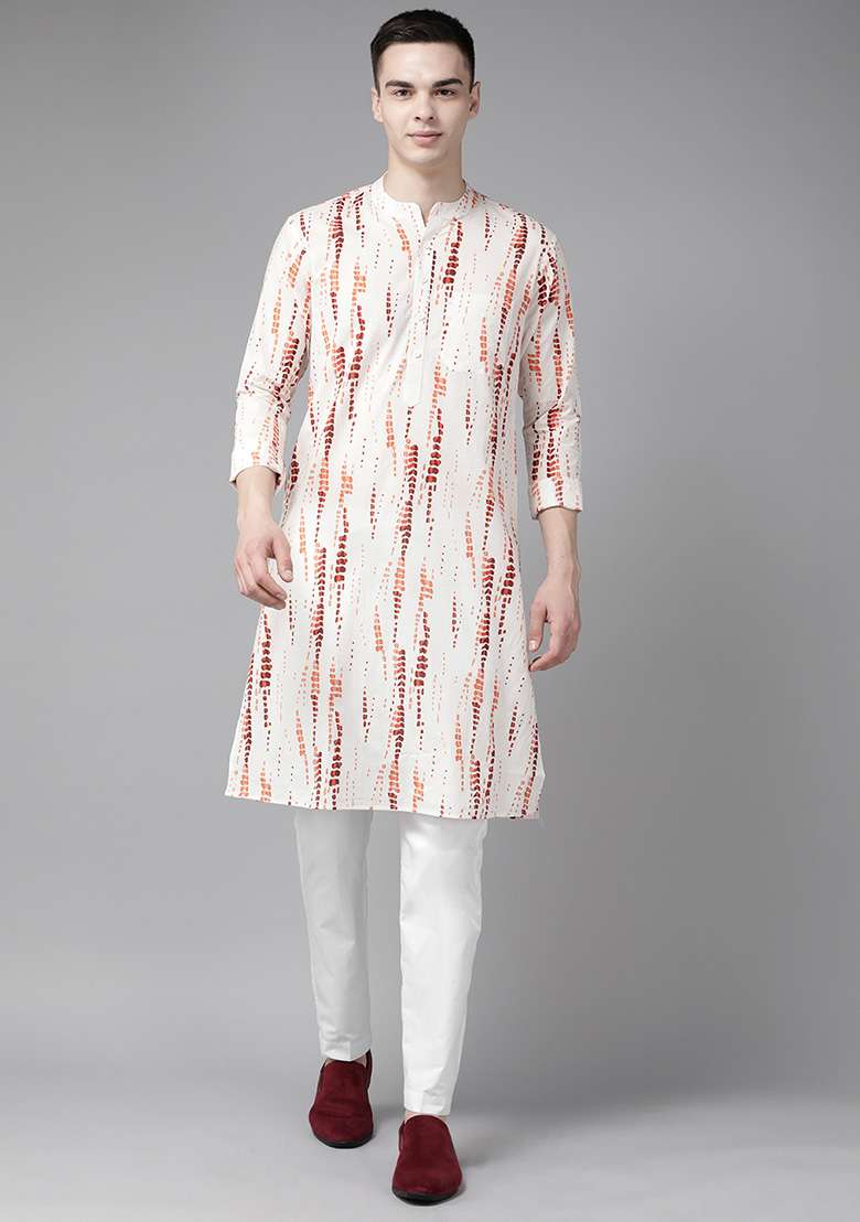White Tie And Dye Print Cotton Straight Kurta Set For Men - Indya