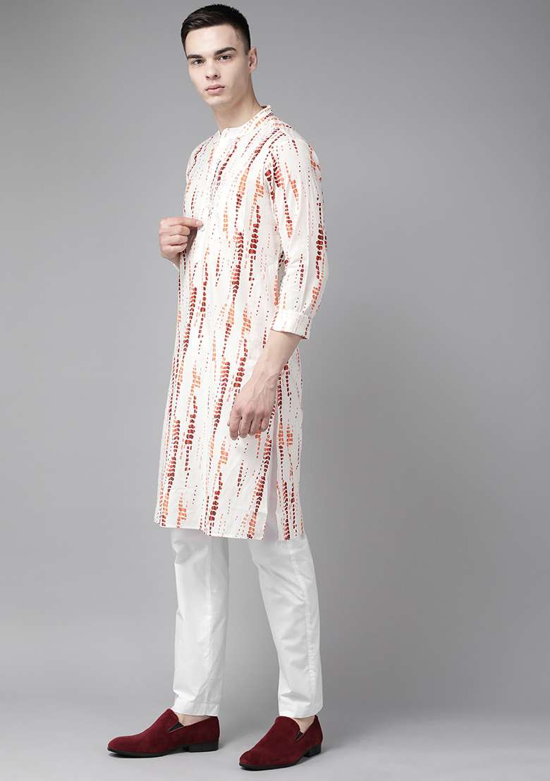 White Tie And Dye Print Cotton Straight Kurta Set For Men - Indya