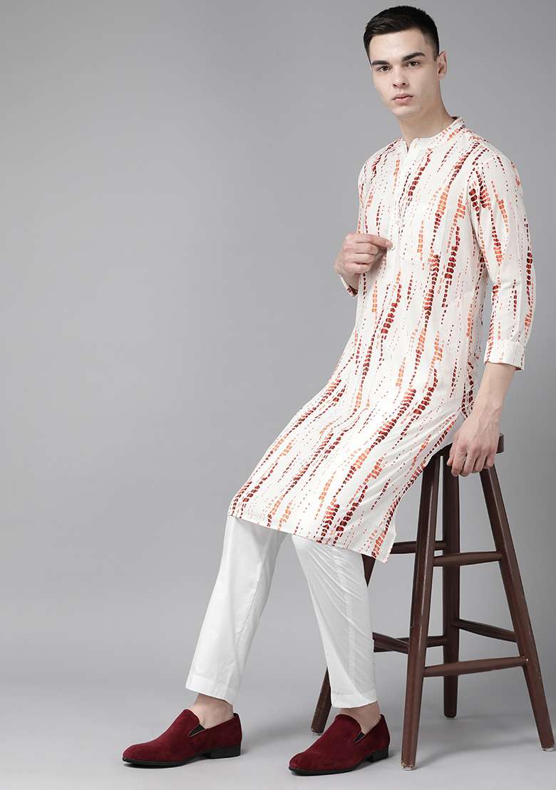 White Tie And Dye Print Cotton Straight Kurta Set For Men - Indya
