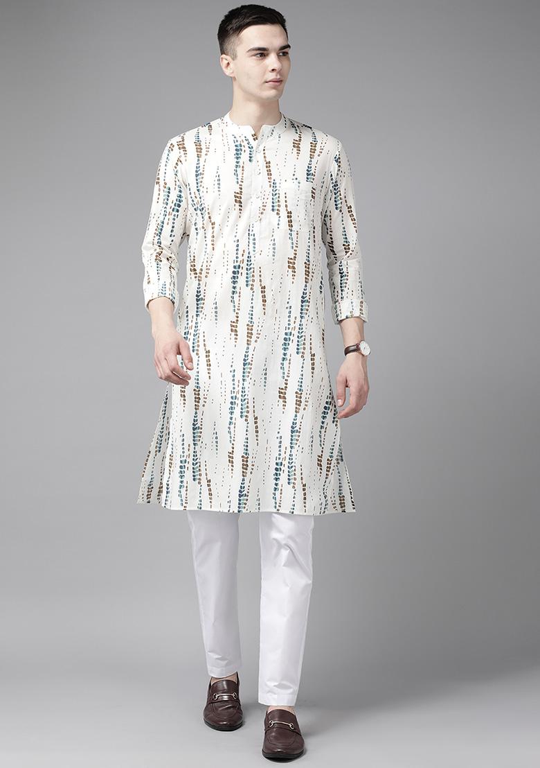 White Tie And Dye Cotton Straight Kurta Set For Men