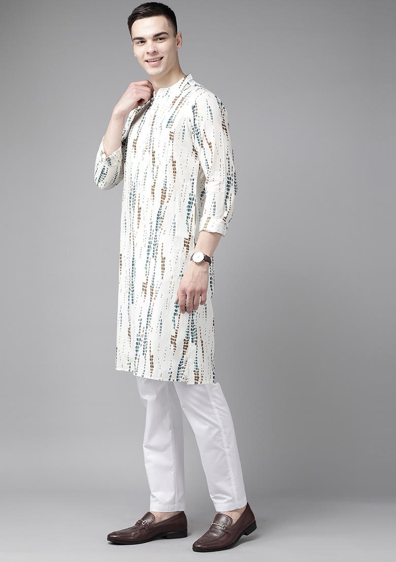 White Tie And Dye Cotton Straight Kurta Set For Men