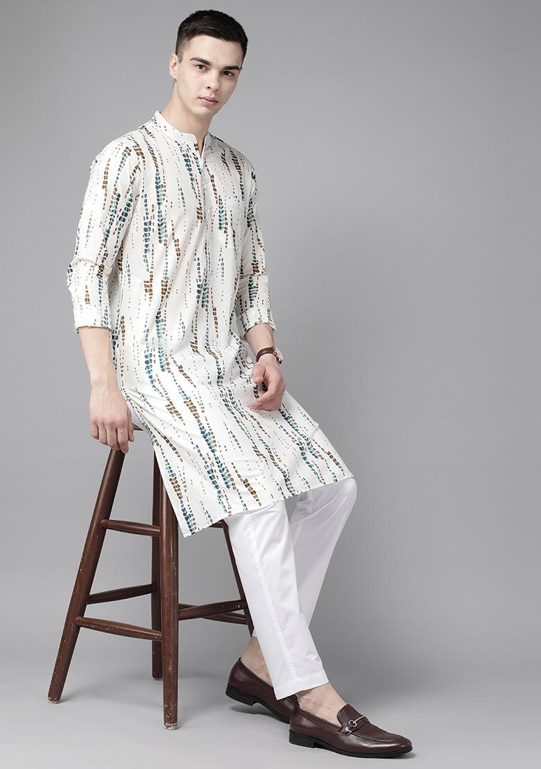 White Tie And Dye Cotton Straight Kurta Set For Men