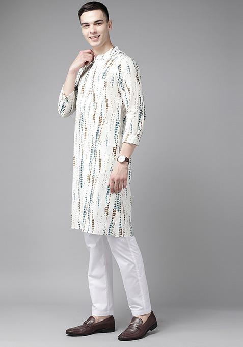 White Tie And Dye Cotton Straight Kurta Set For Men