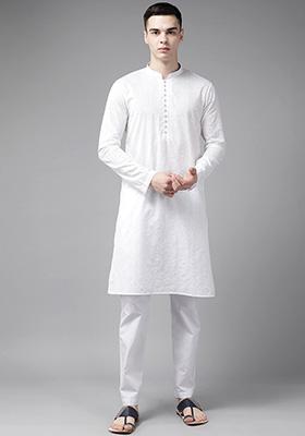 White Chikankari Work Pure Cotton Staright Kurta Set For Men