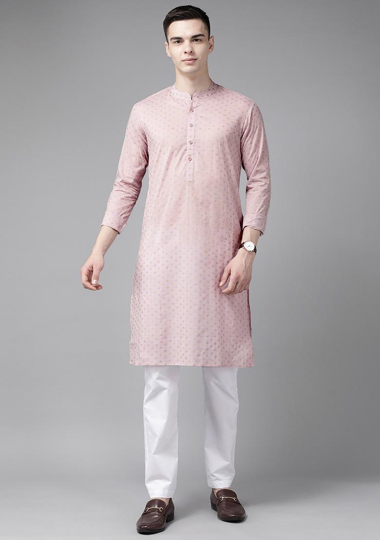Pink Printed Kurta Set For Men