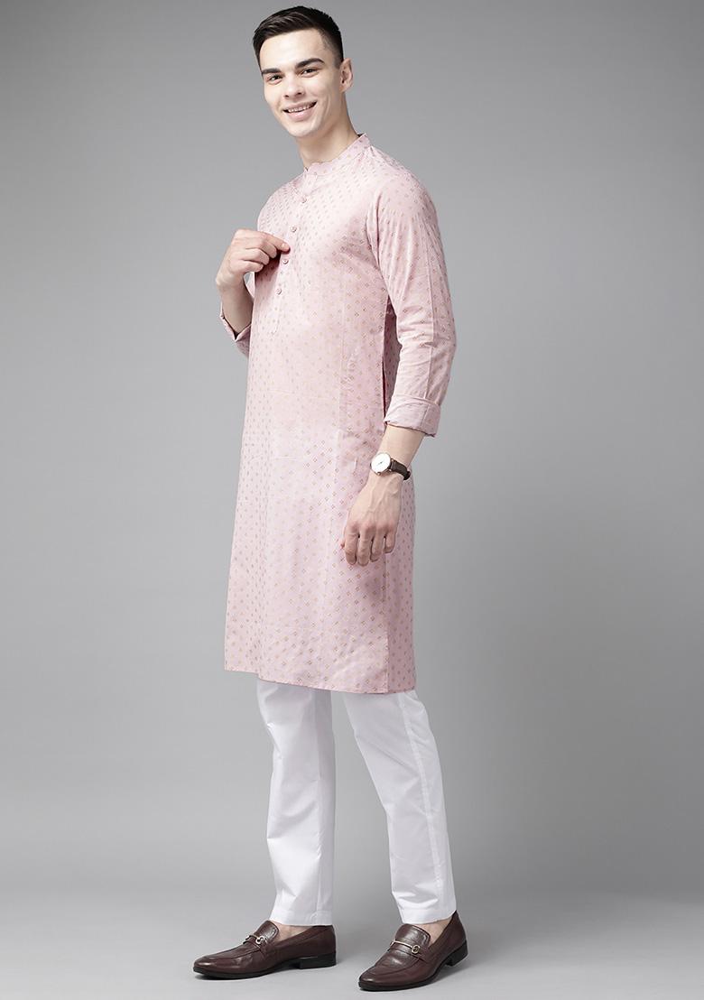 Pink Printed Kurta Set For Men