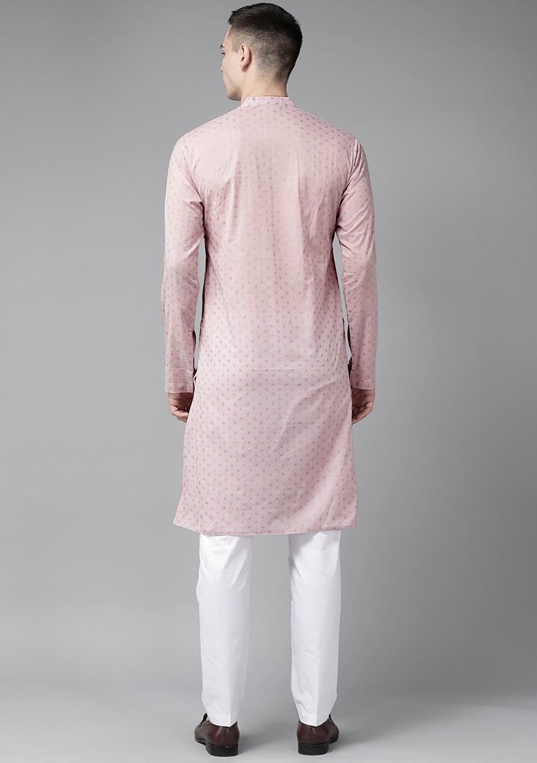 Pink Printed Kurta Set For Men