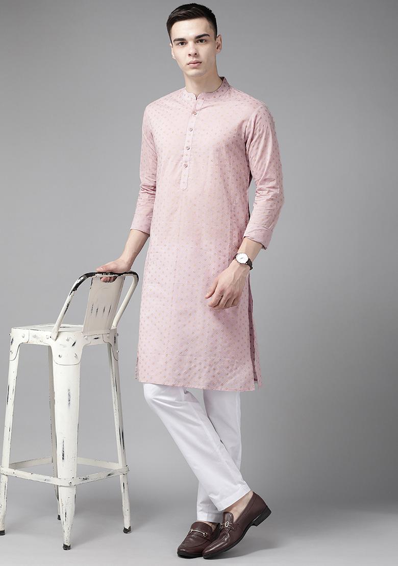 Pink Printed Kurta Set For Men