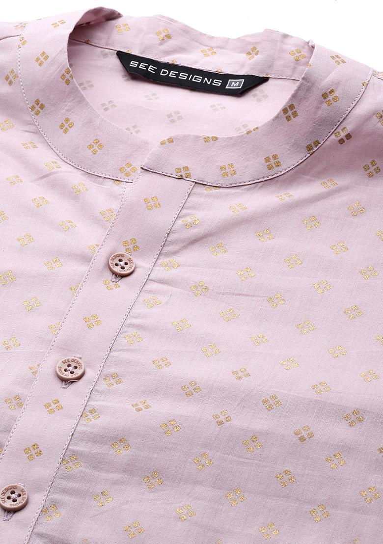 Pink Printed Kurta Set For Men