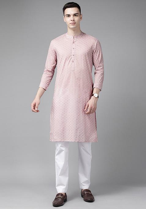 Pink Printed Kurta Set For Men