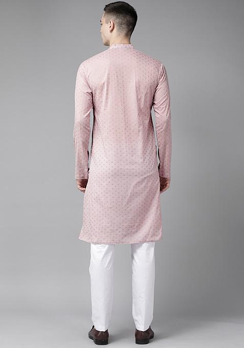 Pink Printed Kurta Set For Men