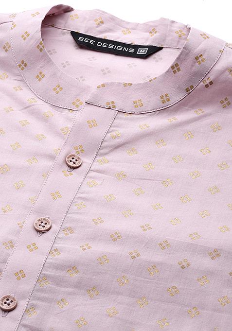 Pink Printed Kurta Set For Men