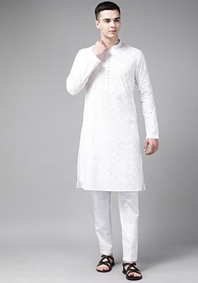 White Chikankari Work Cotton Straight Kurta Set For Men