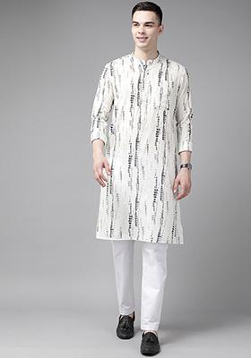 White Tie And Dye Print Pure Cotton Straight Kurta Set For Men