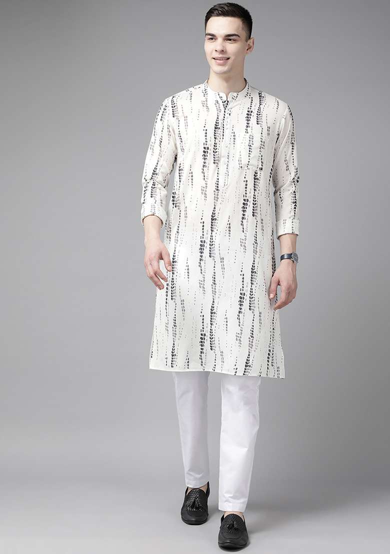 White Tie And Dye Print Pure Cotton Straight Kurta Set For Men - Indya