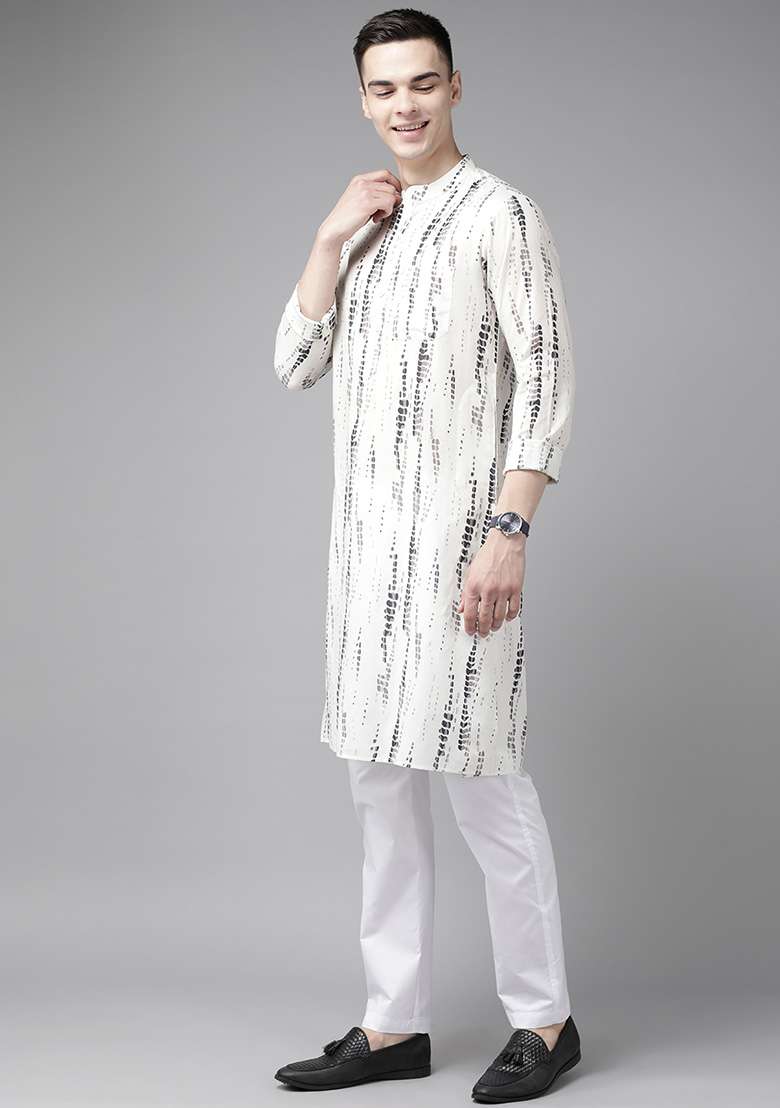 White Tie And Dye Print Pure Cotton Straight Kurta Set For Men - Indya