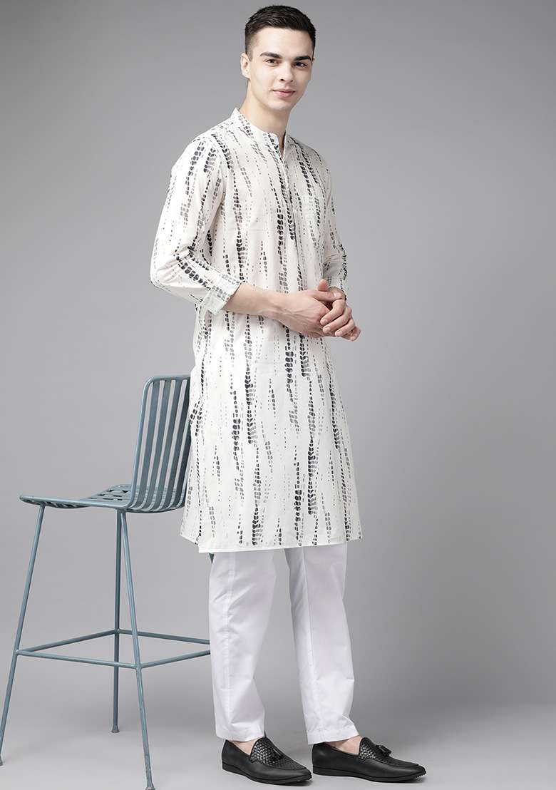 White Tie And Dye Print Pure Cotton Straight Kurta Set For Men - Indya
