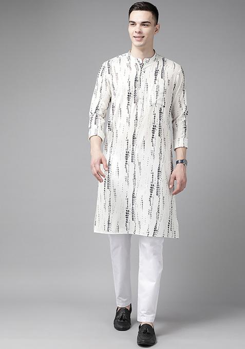 White Tie And Dye Print Pure Cotton Straight Kurta Set For Men