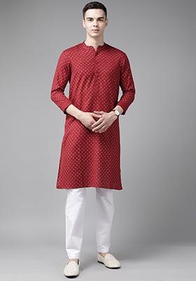 Maroon Striped Cotton Kurta Set For Men