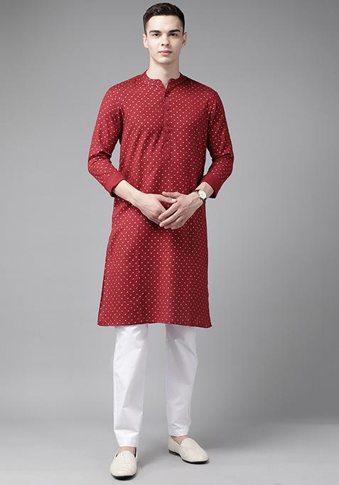 Maroon Striped Cotton Kurta Set For Men — view on Indya
