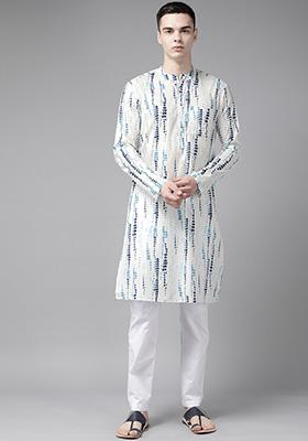 White Tie And Dye Print Pure Cotton Straight Kurta For Men