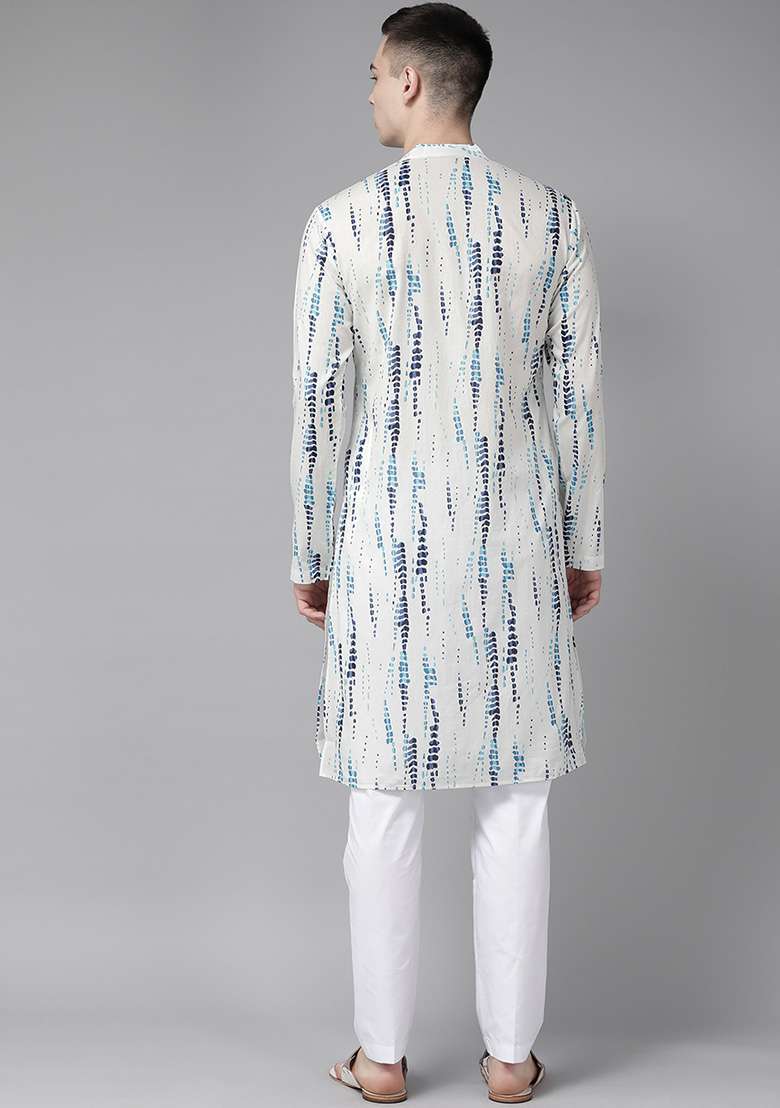 White Tie And Dye Print Pure Cotton Straight Kurta For Men - Indya