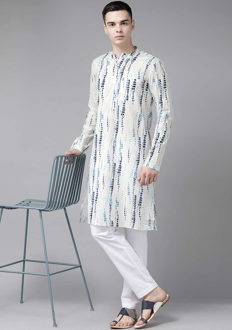 White Tie And Dye Print Pure Cotton Straight Kurta For Men - Indya