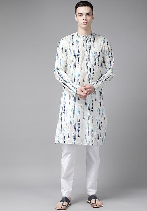 White Tie And Dye Print Pure Cotton Straight Kurta For Men