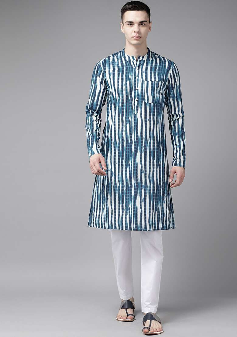 Navy Blue Tie And Dye Work Kurta For Men - Indya