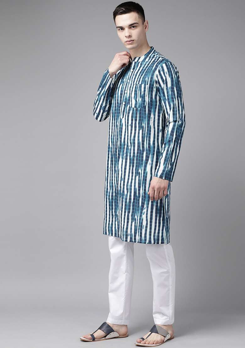 Navy Blue Tie And Dye Work Kurta For Men - Indya