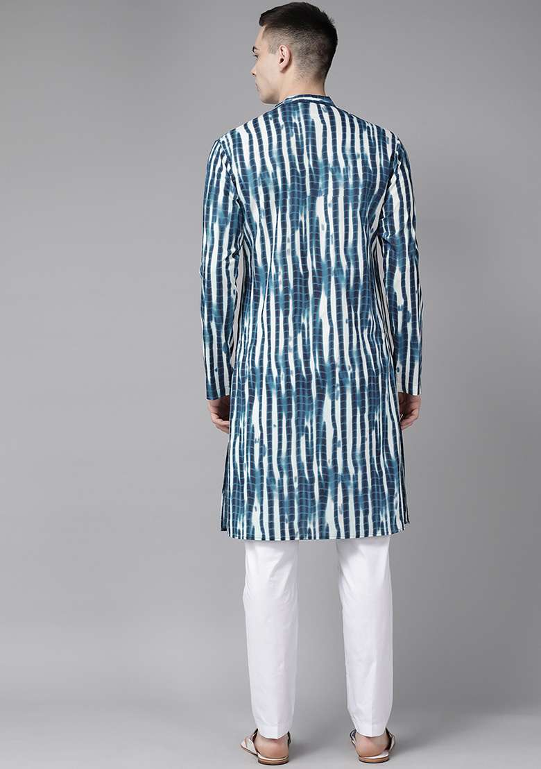 Navy Blue Tie And Dye Work Kurta For Men - Indya