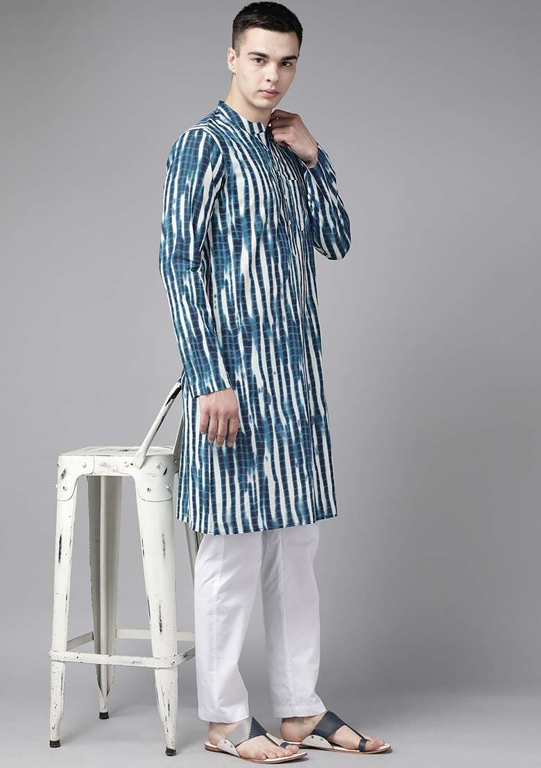 Navy Blue Tie And Dye Work Kurta For Men - Indya
