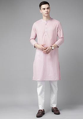 Pink Striped Kurta For Men