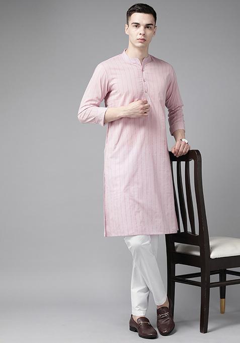 Pink Striped Kurta For Men