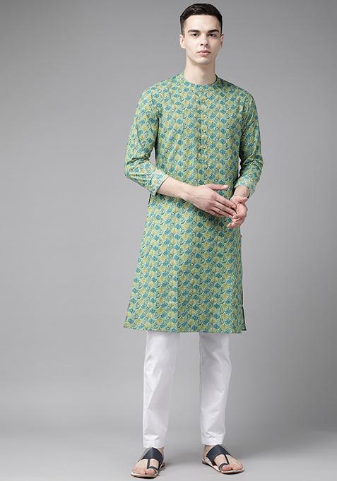 Green Printed Pure Cotton Straight Kurta For Men
