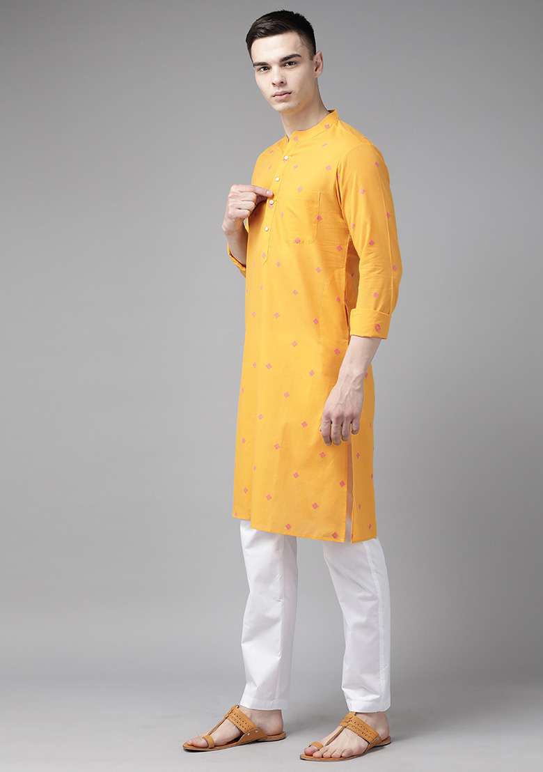 Yellow Woven Design Straight Kurta For Men - Indya